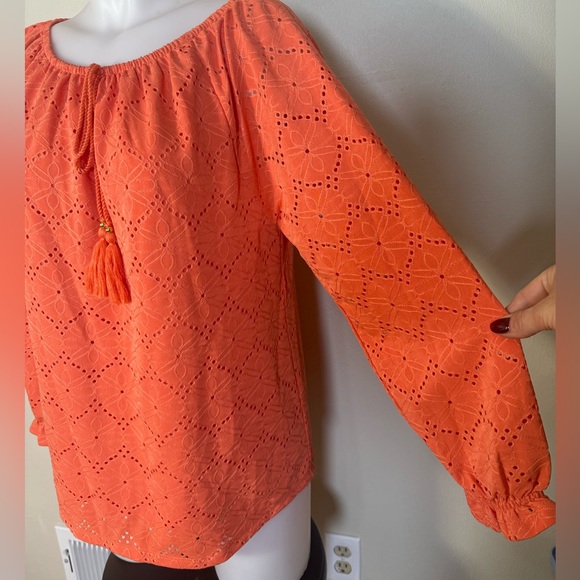 Rafaella Top Eyelet Peasant Blouse M 3/4 Sleeve Tie Front NWT Orange Boho Medium - Picture 5 of 9